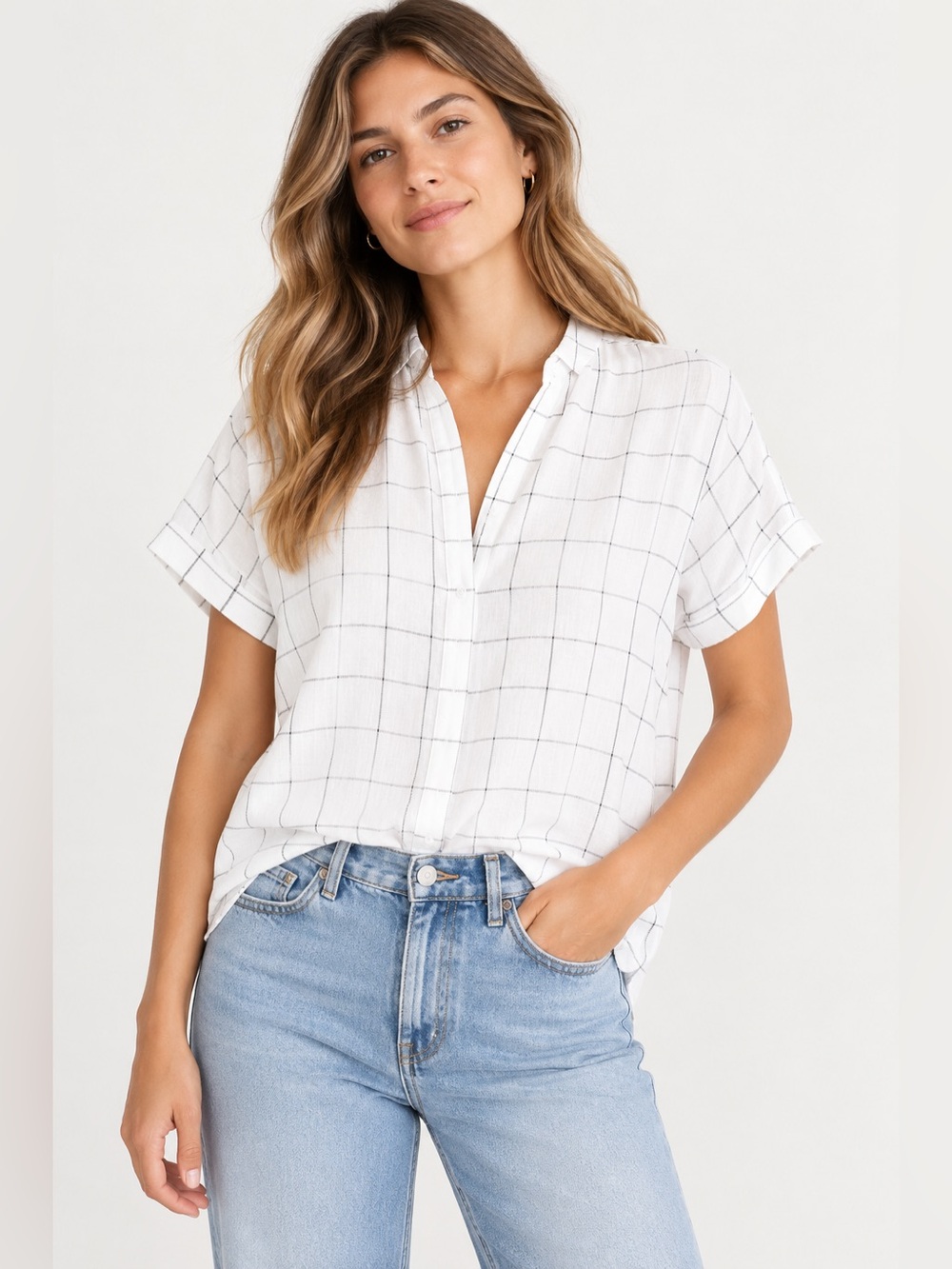 Madewell Central Shirt in Windowpane grid white grey XS